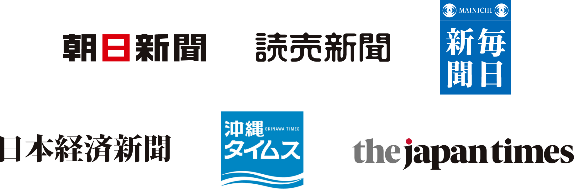 朝日新聞　読売新聞　毎日新聞　日本経済新聞　沖縄タイムス　the japan times