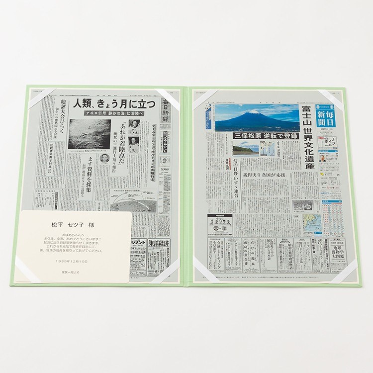 喜寿祝い 見開きファイル お好きな日付の新聞 2枚 特製ファイルセット メッセージカード ギフト包装付き お誕生日新聞